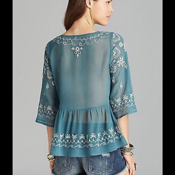 Free People Turquoise Embroidered Sheer Blouse Top - Picture 5 of 9